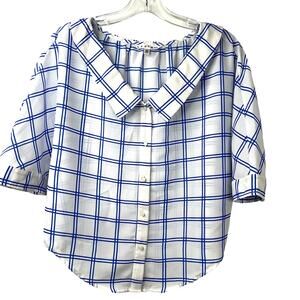 LEDIN Womens Rockabelly Top Blue/White Semi-Sheer Plaid Button Up Cropped Size M